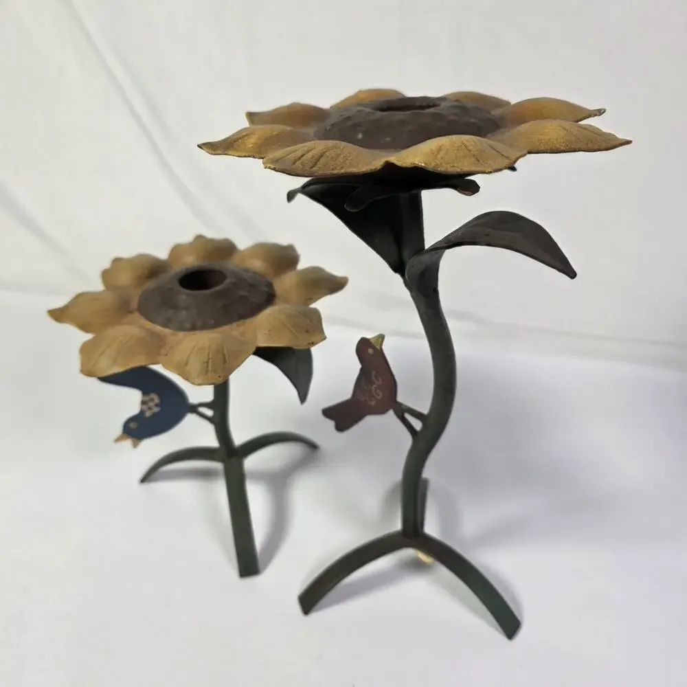 Vintage Midwest of Cannon Falls Sunflower Bird Metal Candle Holders Set 2
